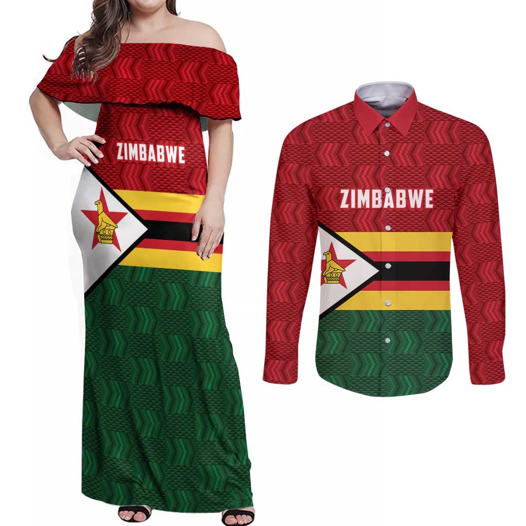 Zimbabwe Cricket Custom Couples Matching Off Shoulder Maxi Dress and Long Sleeve Button Shirt Zimbabwean Pattern Flag Motif - Wonder Print Shop
