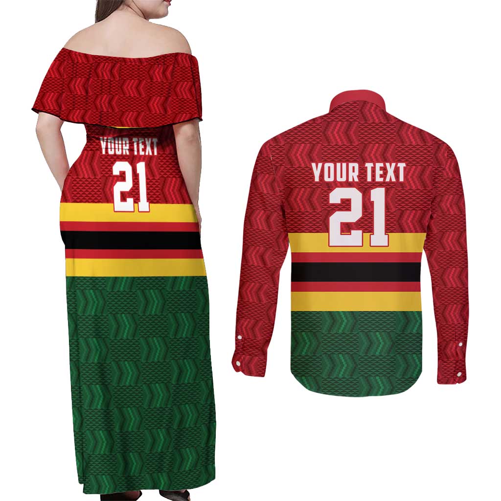 Zimbabwe Cricket Custom Couples Matching Off Shoulder Maxi Dress and Long Sleeve Button Shirt Zimbabwean Pattern Flag Motif - Wonder Print Shop