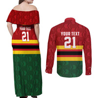 Zimbabwe Cricket Custom Couples Matching Off Shoulder Maxi Dress and Long Sleeve Button Shirt Zimbabwean Pattern Flag Motif - Wonder Print Shop