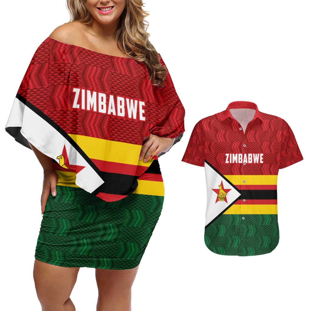 Zimbabwe Cricket Custom Couples Matching Off Shoulder Short Dress and Hawaiian Shirt Zimbabwean Pattern Flag Motif - Wonder Print Shop