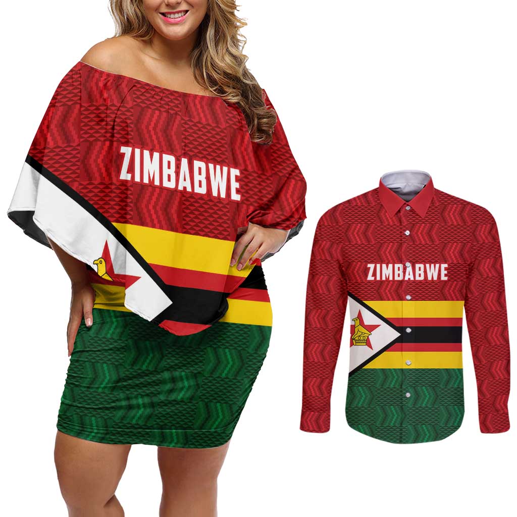 Zimbabwe Cricket Custom Couples Matching Off Shoulder Short Dress and Long Sleeve Button Shirt Zimbabwean Pattern Flag Motif - Wonder Print Shop