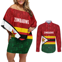 Zimbabwe Cricket Custom Couples Matching Off Shoulder Short Dress and Long Sleeve Button Shirt Zimbabwean Pattern Flag Motif - Wonder Print Shop