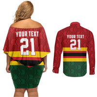 Zimbabwe Cricket Custom Couples Matching Off Shoulder Short Dress and Long Sleeve Button Shirt Zimbabwean Pattern Flag Motif - Wonder Print Shop