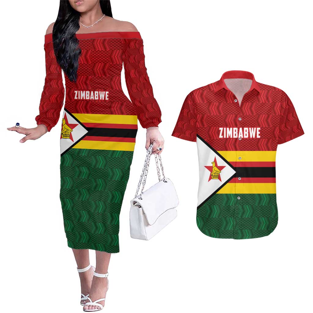 Zimbabwe Cricket Custom Couples Matching Off The Shoulder Long Sleeve Dress and Hawaiian Shirt Zimbabwean Pattern Flag Motif - Wonder Print Shop