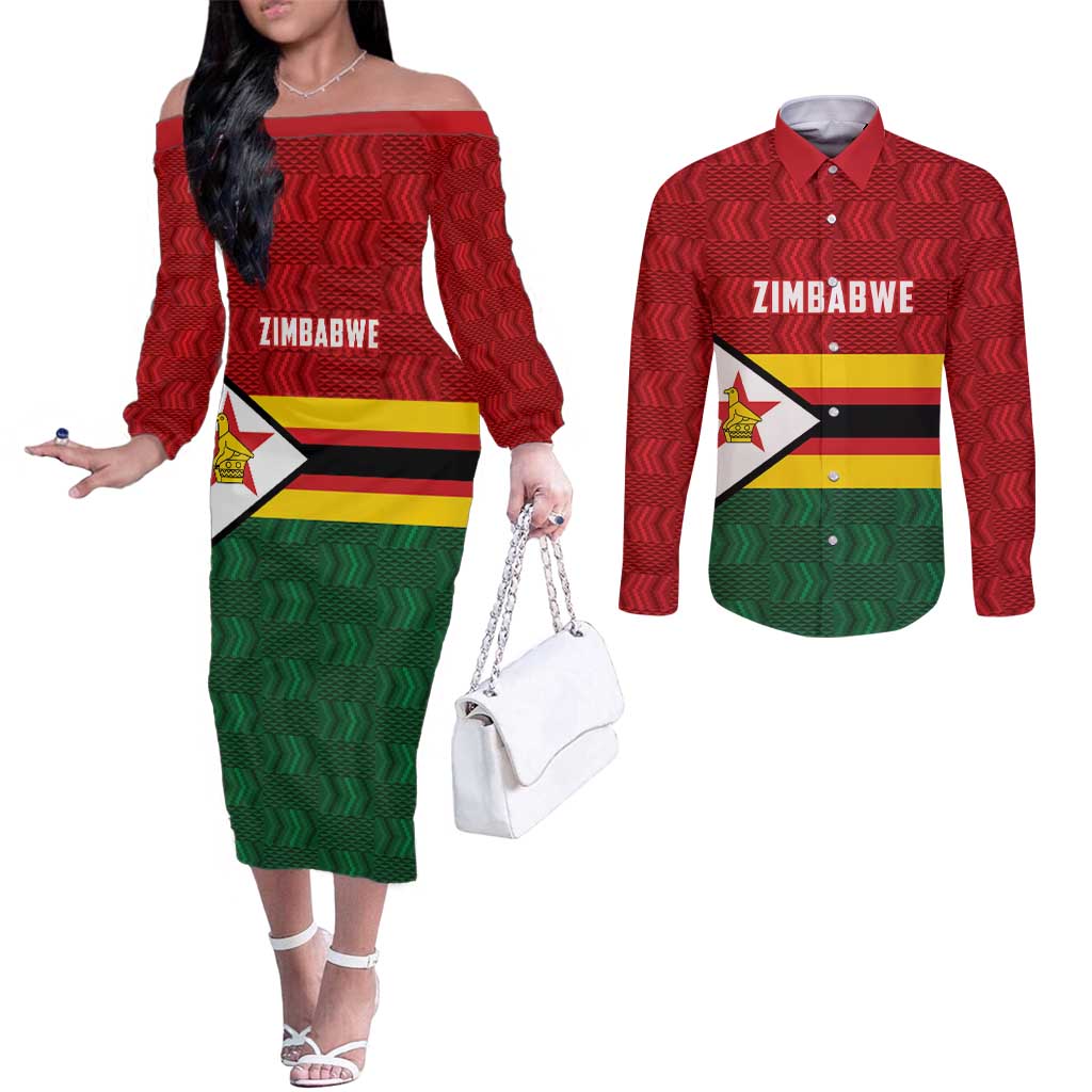 Zimbabwe Cricket Custom Couples Matching Off The Shoulder Long Sleeve Dress and Long Sleeve Button Shirt Zimbabwean Pattern Flag Motif - Wonder Print Shop