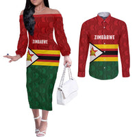 Zimbabwe Cricket Custom Couples Matching Off The Shoulder Long Sleeve Dress and Long Sleeve Button Shirt Zimbabwean Pattern Flag Motif - Wonder Print Shop
