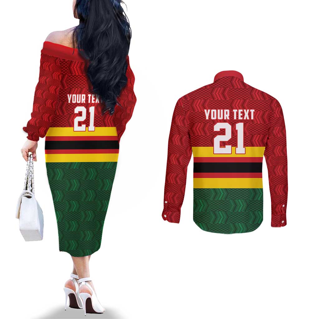 Zimbabwe Cricket Custom Couples Matching Off The Shoulder Long Sleeve Dress and Long Sleeve Button Shirt Zimbabwean Pattern Flag Motif - Wonder Print Shop