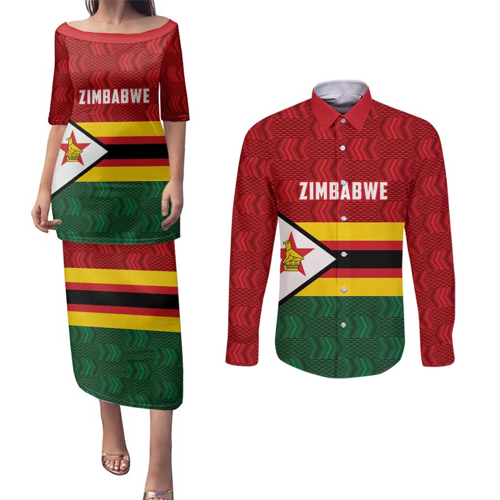 Zimbabwe Cricket Custom Couples Matching Puletasi and Long Sleeve Button Shirt Zimbabwean Pattern Flag Motif - Wonder Print Shop