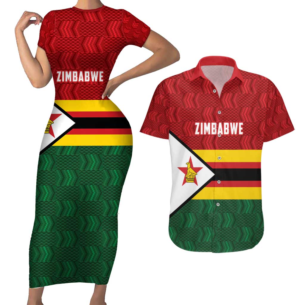 Zimbabwe Cricket Custom Couples Matching Short Sleeve Bodycon Dress and Hawaiian Shirt Zimbabwean Pattern Flag Motif - Wonder Print Shop