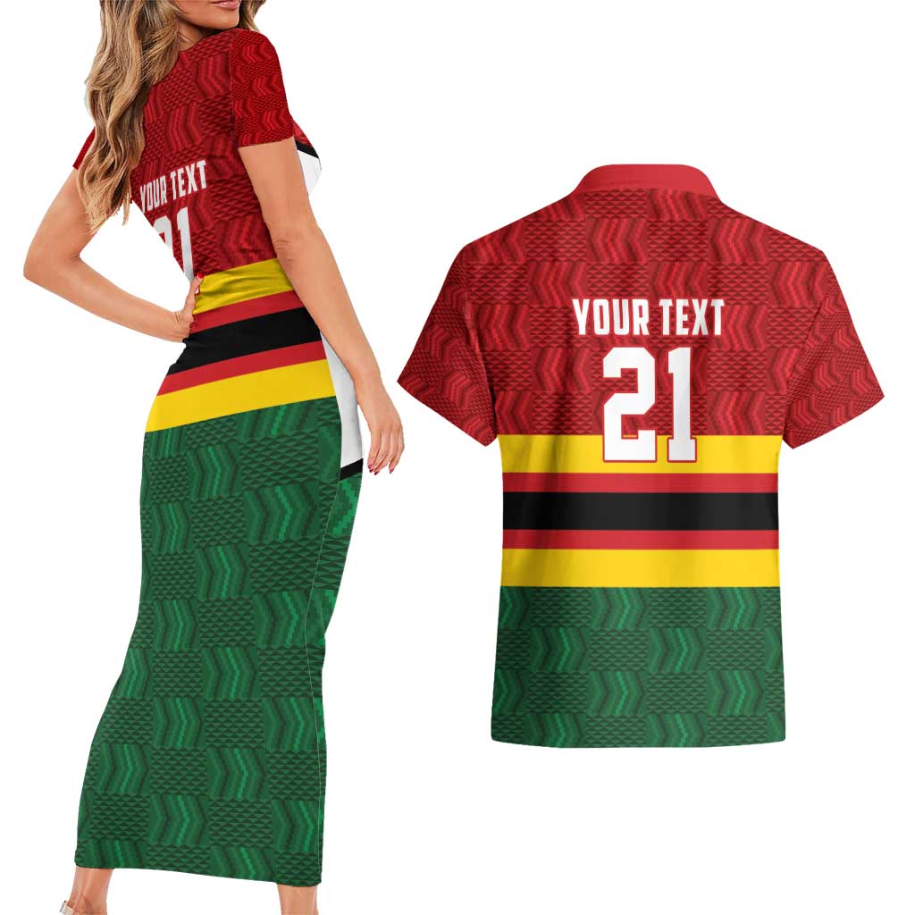 Zimbabwe Cricket Custom Couples Matching Short Sleeve Bodycon Dress and Hawaiian Shirt Zimbabwean Pattern Flag Motif - Wonder Print Shop