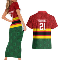 Zimbabwe Cricket Custom Couples Matching Short Sleeve Bodycon Dress and Hawaiian Shirt Zimbabwean Pattern Flag Motif - Wonder Print Shop