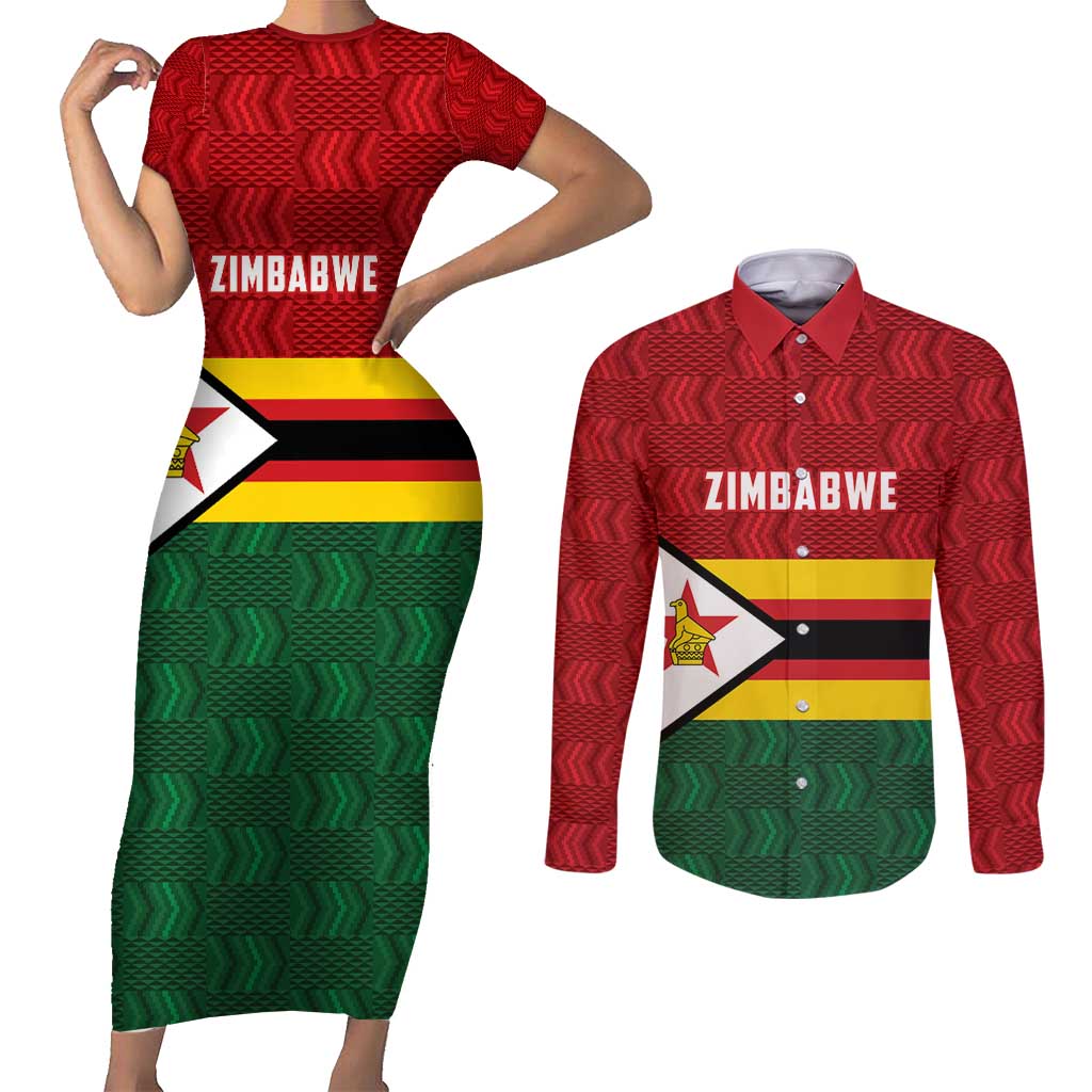 Zimbabwe Cricket Custom Couples Matching Short Sleeve Bodycon Dress and Long Sleeve Button Shirt Zimbabwean Pattern Flag Motif - Wonder Print Shop