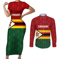Zimbabwe Cricket Custom Couples Matching Short Sleeve Bodycon Dress and Long Sleeve Button Shirt Zimbabwean Pattern Flag Motif - Wonder Print Shop
