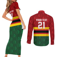 Zimbabwe Cricket Custom Couples Matching Short Sleeve Bodycon Dress and Long Sleeve Button Shirt Zimbabwean Pattern Flag Motif - Wonder Print Shop