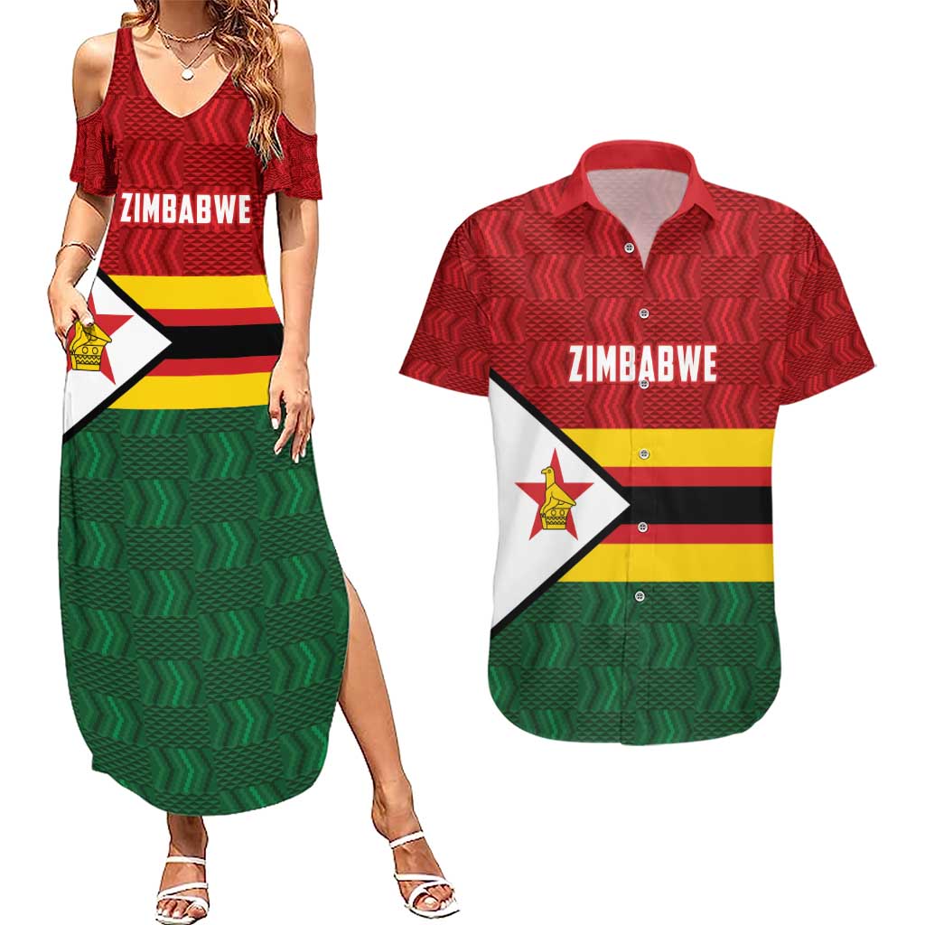 Zimbabwe Cricket Custom Couples Matching Summer Maxi Dress and Hawaiian Shirt Zimbabwean Pattern Flag Motif - Wonder Print Shop