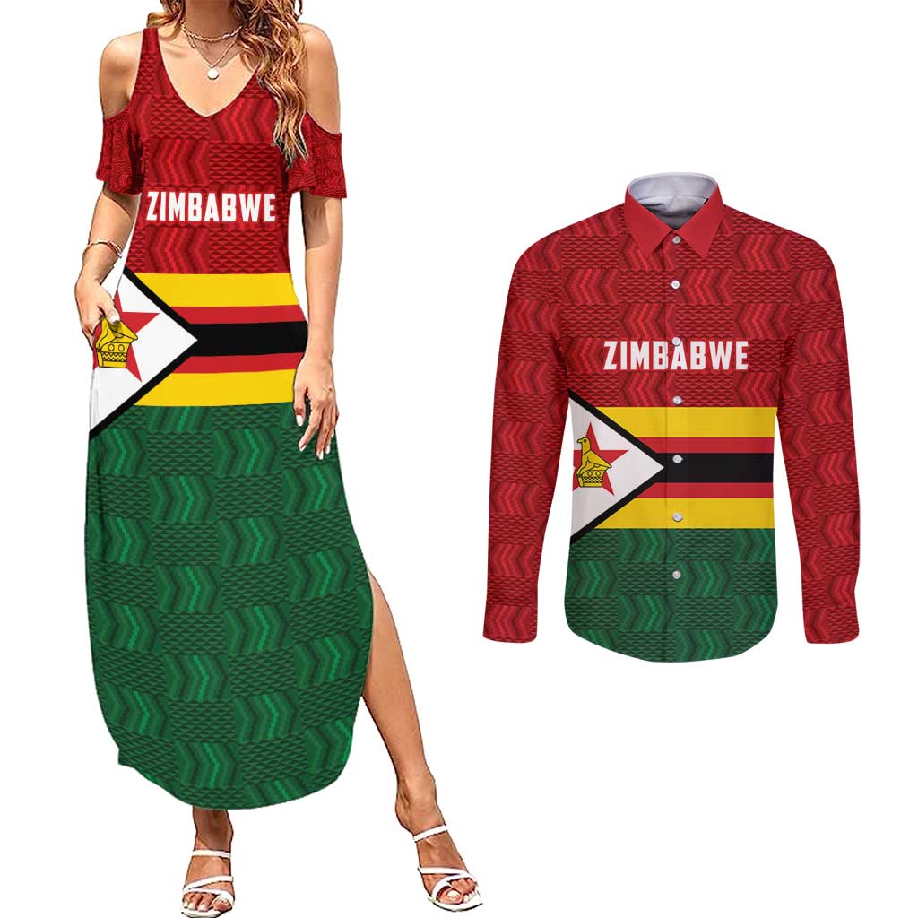 Zimbabwe Cricket Custom Couples Matching Summer Maxi Dress and Long Sleeve Button Shirt Zimbabwean Pattern Flag Motif - Wonder Print Shop