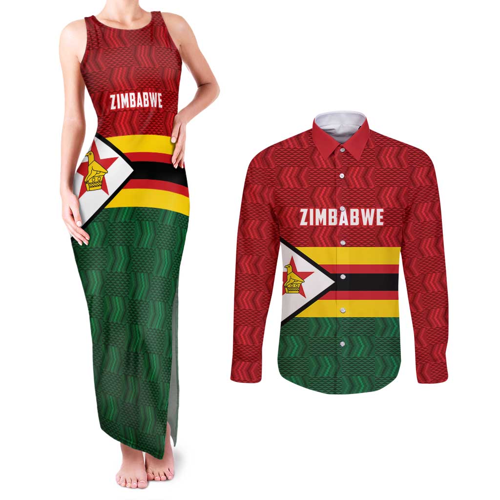Zimbabwe Cricket Custom Couples Matching Tank Maxi Dress and Long Sleeve Button Shirt Zimbabwean Pattern Flag Motif - Wonder Print Shop
