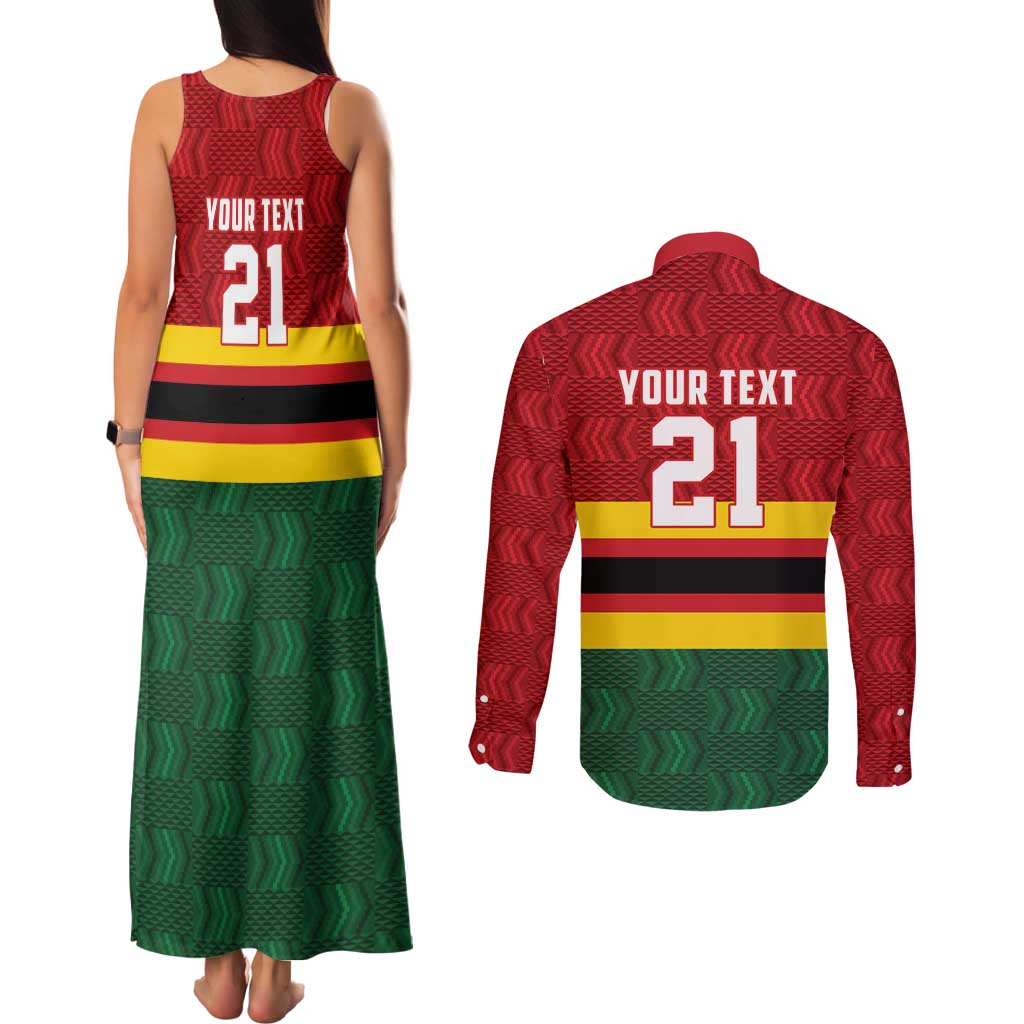Zimbabwe Cricket Custom Couples Matching Tank Maxi Dress and Long Sleeve Button Shirt Zimbabwean Pattern Flag Motif - Wonder Print Shop