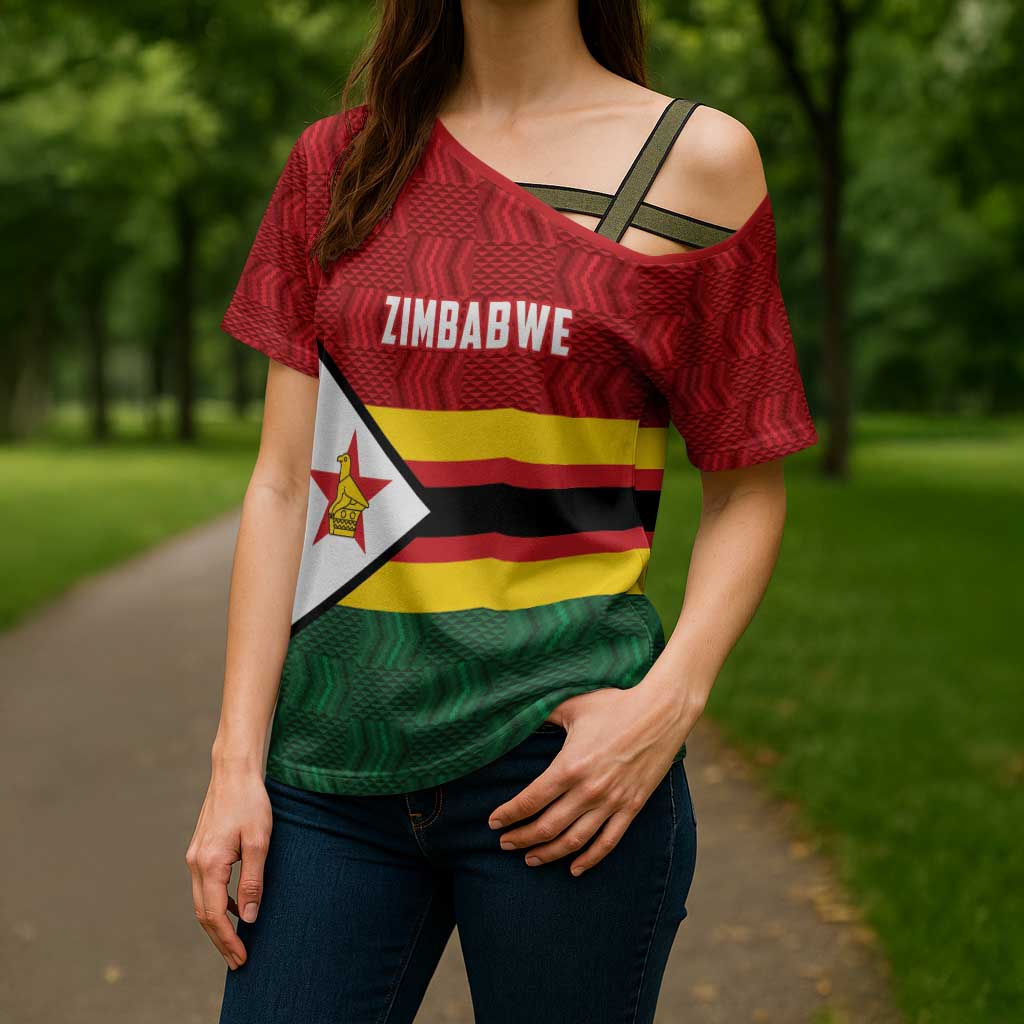 Zimbabwe Cricket Custom Cross Shoulder Shirt Zimbabwean Pattern Flag Motif - Wonder Print Shop