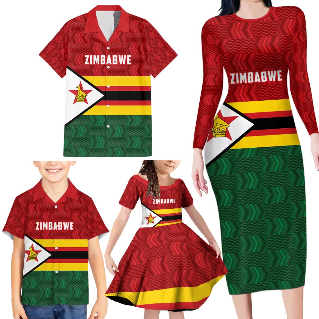 Zimbabwe Cricket Custom Family Matching Long Sleeve Bodycon Dress and Hawaiian Shirt Zimbabwean Pattern Flag Motif - Wonder Print Shop