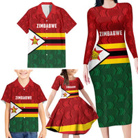 Zimbabwe Cricket Custom Family Matching Long Sleeve Bodycon Dress and Hawaiian Shirt Zimbabwean Pattern Flag Motif - Wonder Print Shop