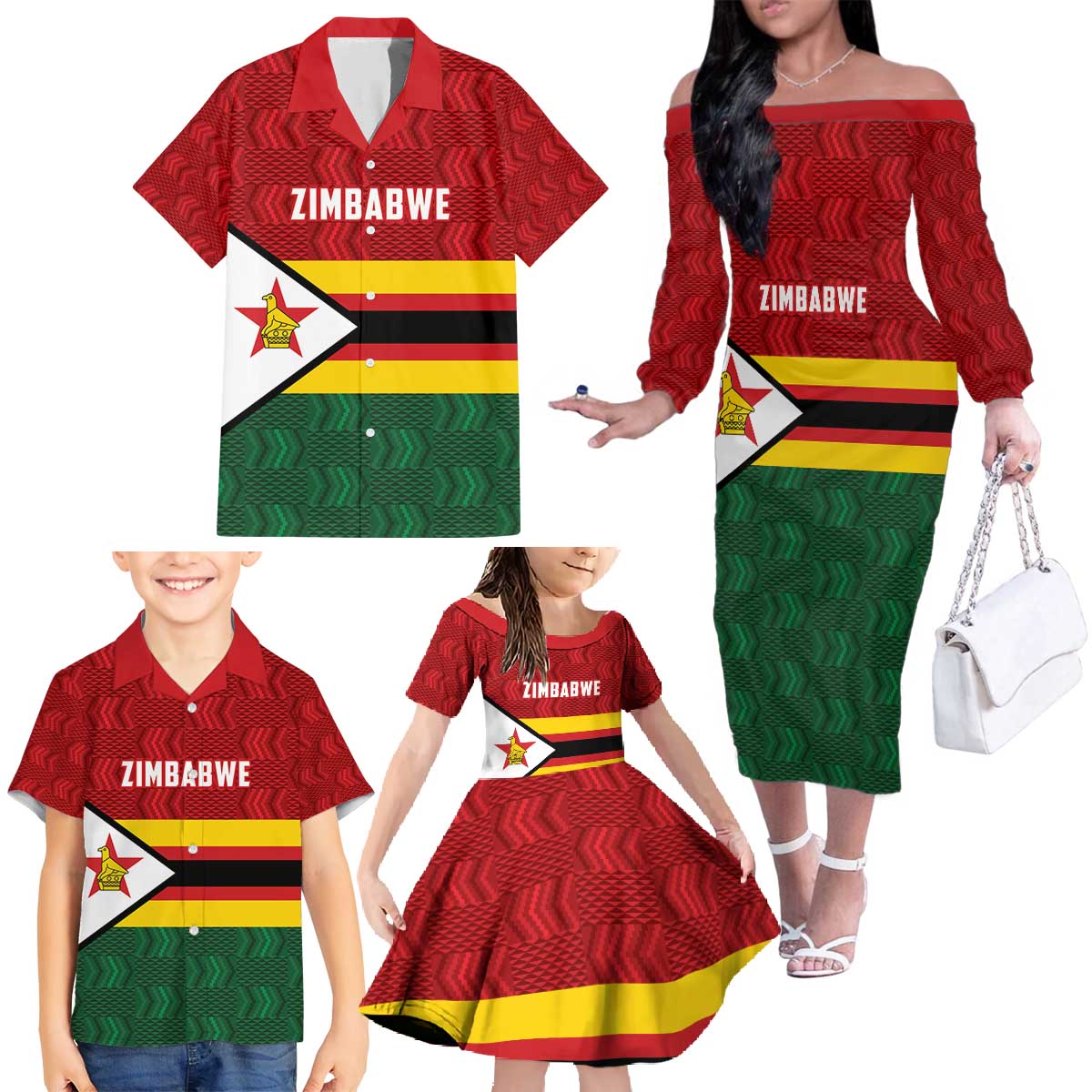 Zimbabwe Cricket Custom Family Matching Off The Shoulder Long Sleeve Dress and Hawaiian Shirt Zimbabwean Pattern Flag Motif - Wonder Print Shop