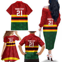 Zimbabwe Cricket Custom Family Matching Off The Shoulder Long Sleeve Dress and Hawaiian Shirt Zimbabwean Pattern Flag Motif - Wonder Print Shop