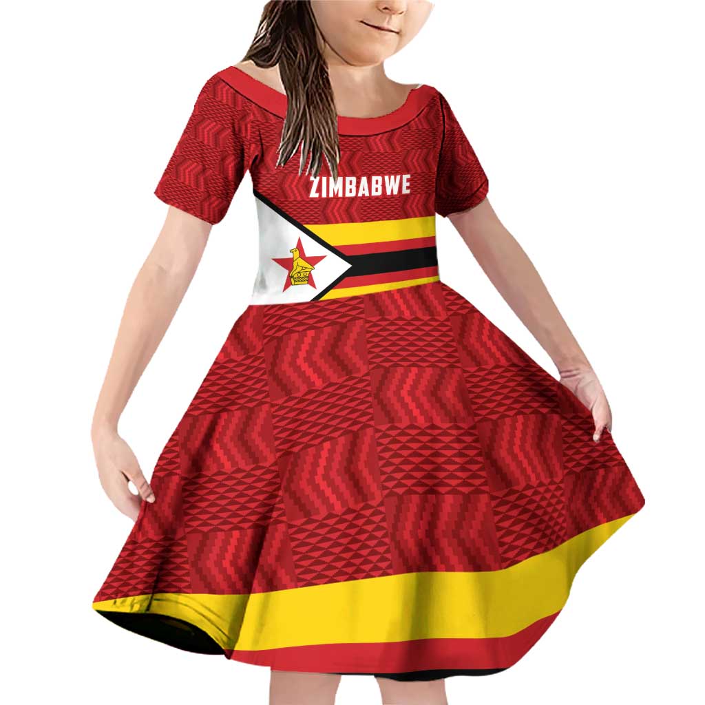 Zimbabwe Cricket Custom Family Matching Off Shoulder Short Dress and Hawaiian Shirt Zimbabwean Pattern Flag Motif - Wonder Print Shop