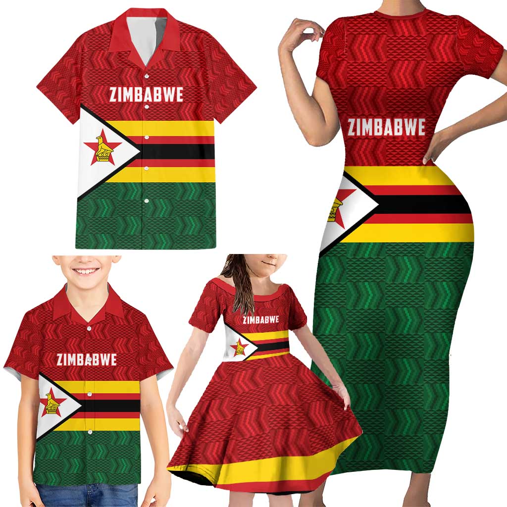 Zimbabwe Cricket Custom Family Matching Short Sleeve Bodycon Dress and Hawaiian Shirt Zimbabwean Pattern Flag Motif - Wonder Print Shop