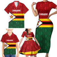 Zimbabwe Cricket Custom Family Matching Short Sleeve Bodycon Dress and Hawaiian Shirt Zimbabwean Pattern Flag Motif - Wonder Print Shop