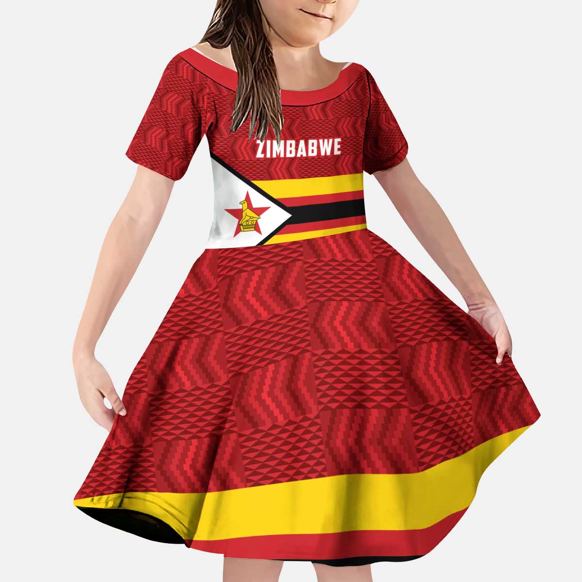 Zimbabwe Cricket Custom Kid Short Sleeve Dress Zimbabwean Pattern Flag Motif - Wonder Print Shop