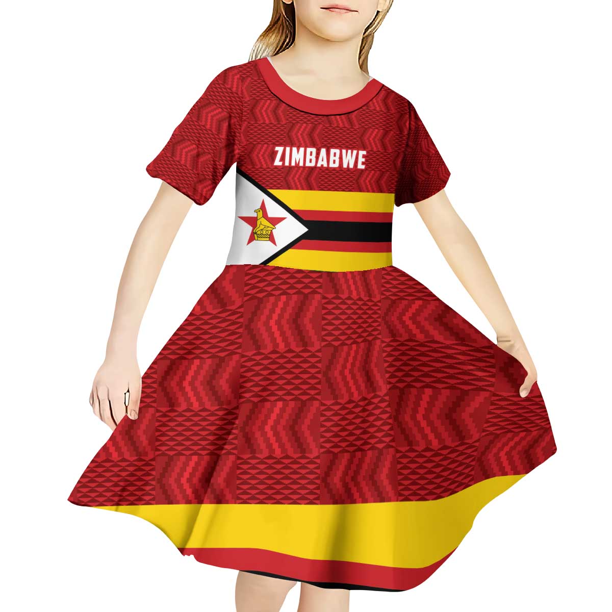 Zimbabwe Cricket Custom Kid Short Sleeve Dress Zimbabwean Pattern Flag Motif - Wonder Print Shop