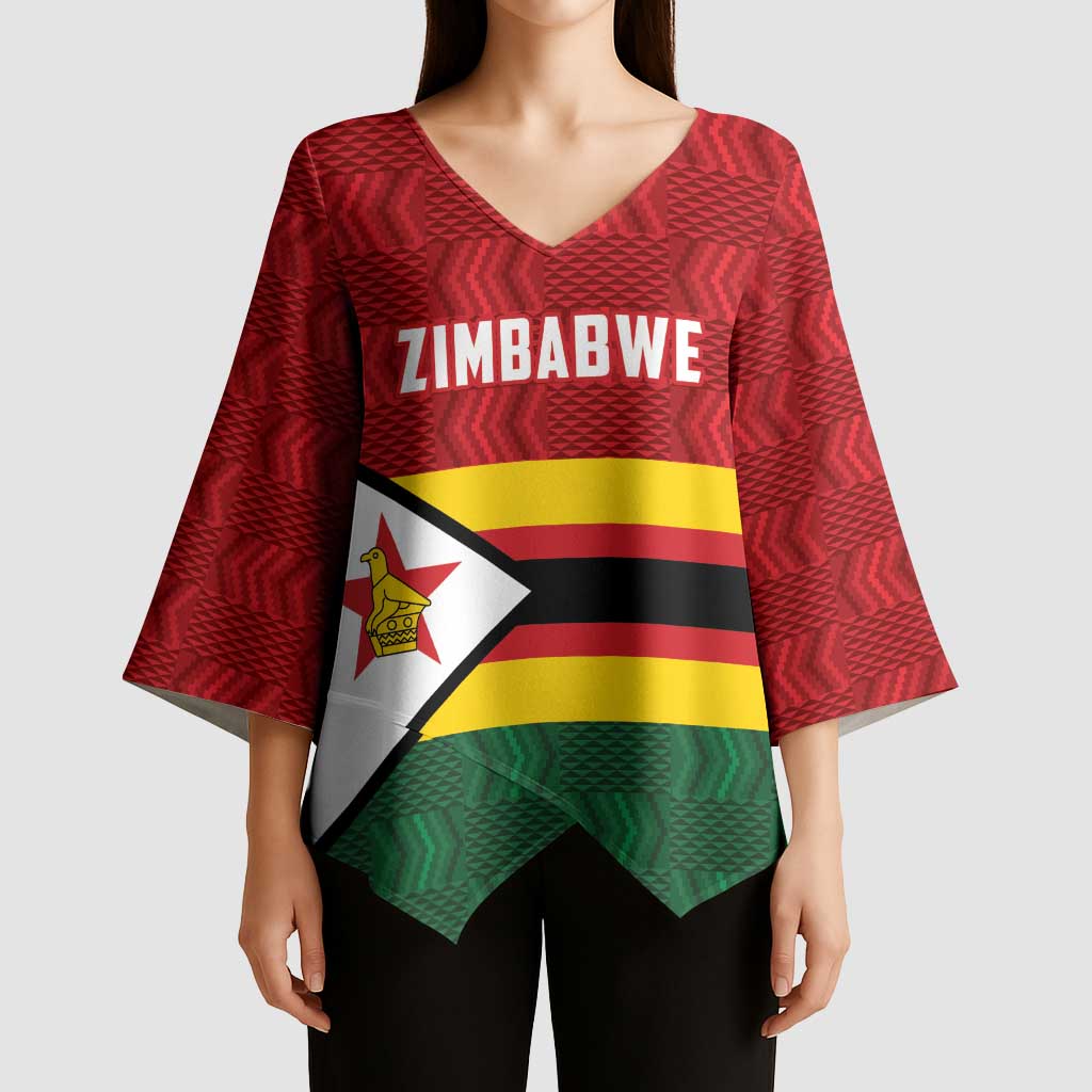Zimbabwe Cricket Custom Kimono Sleeve Blouse Zimbabwean Pattern Flag Motif - Wonder Print Shop