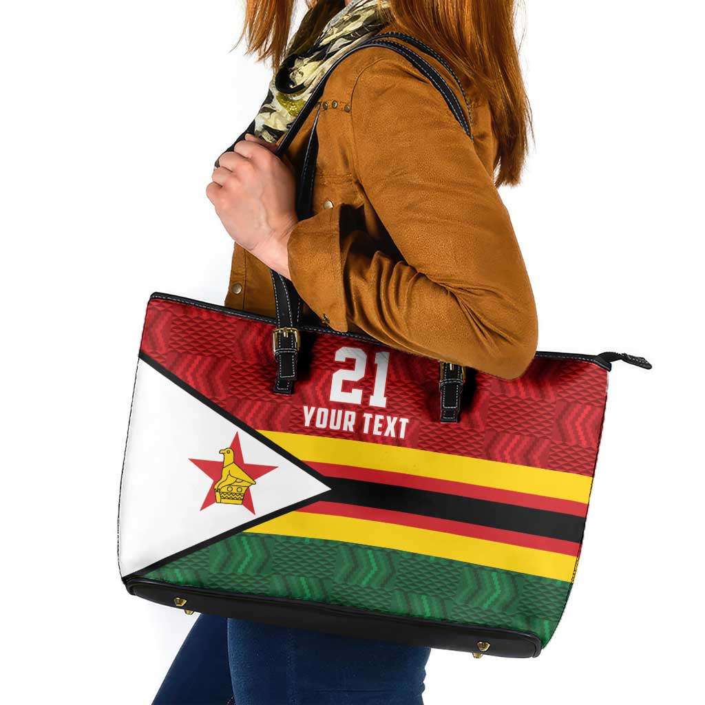 Zimbabwe Cricket Custom Leather Tote Bag Zimbabwean Pattern Flag Motif - Wonder Print Shop