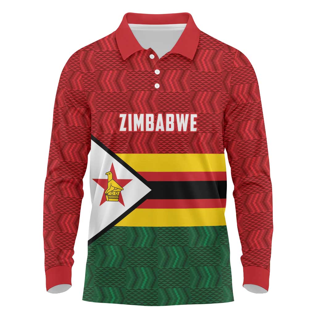 Zimbabwe Cricket Custom Long Sleeve Polo Shirt Zimbabwean Pattern Flag Motif - Wonder Print Shop