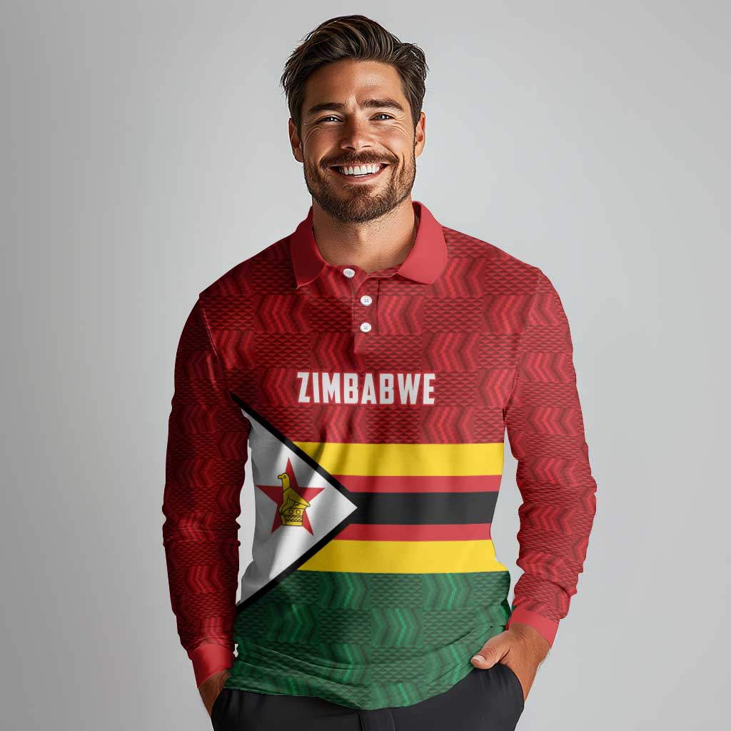 Zimbabwe Cricket Custom Long Sleeve Polo Shirt Zimbabwean Pattern Flag Motif - Wonder Print Shop