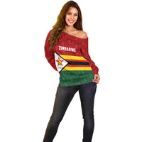 Zimbabwe Cricket Custom Off Shoulder Sweater Zimbabwean Pattern Flag Motif - Wonder Print Shop