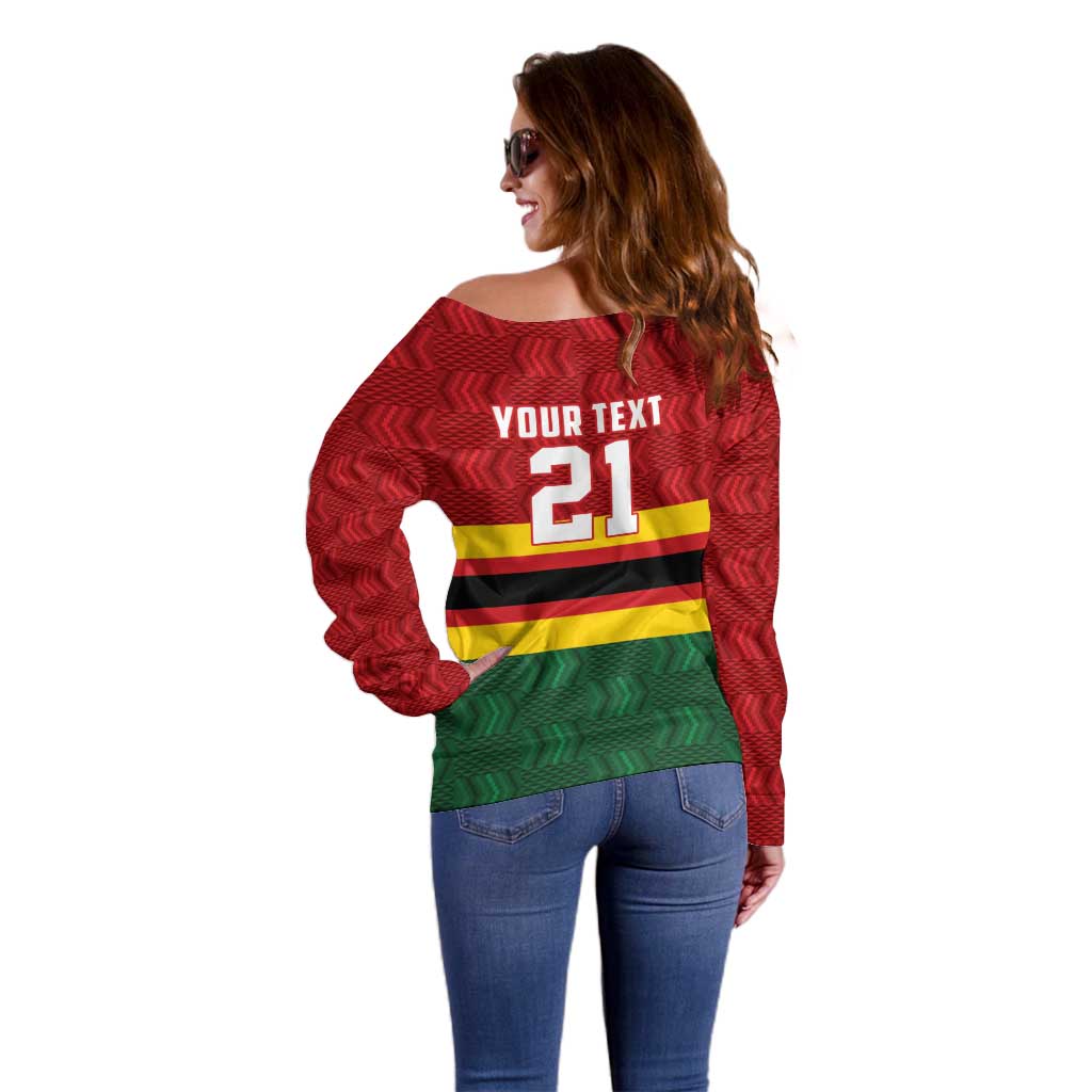 Zimbabwe Cricket Custom Off Shoulder Sweater Zimbabwean Pattern Flag Motif - Wonder Print Shop