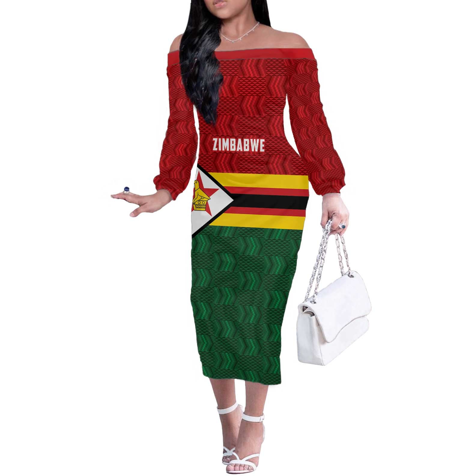 Zimbabwe Cricket Custom Off The Shoulder Long Sleeve Dress Zimbabwean Pattern Flag Motif - Wonder Print Shop