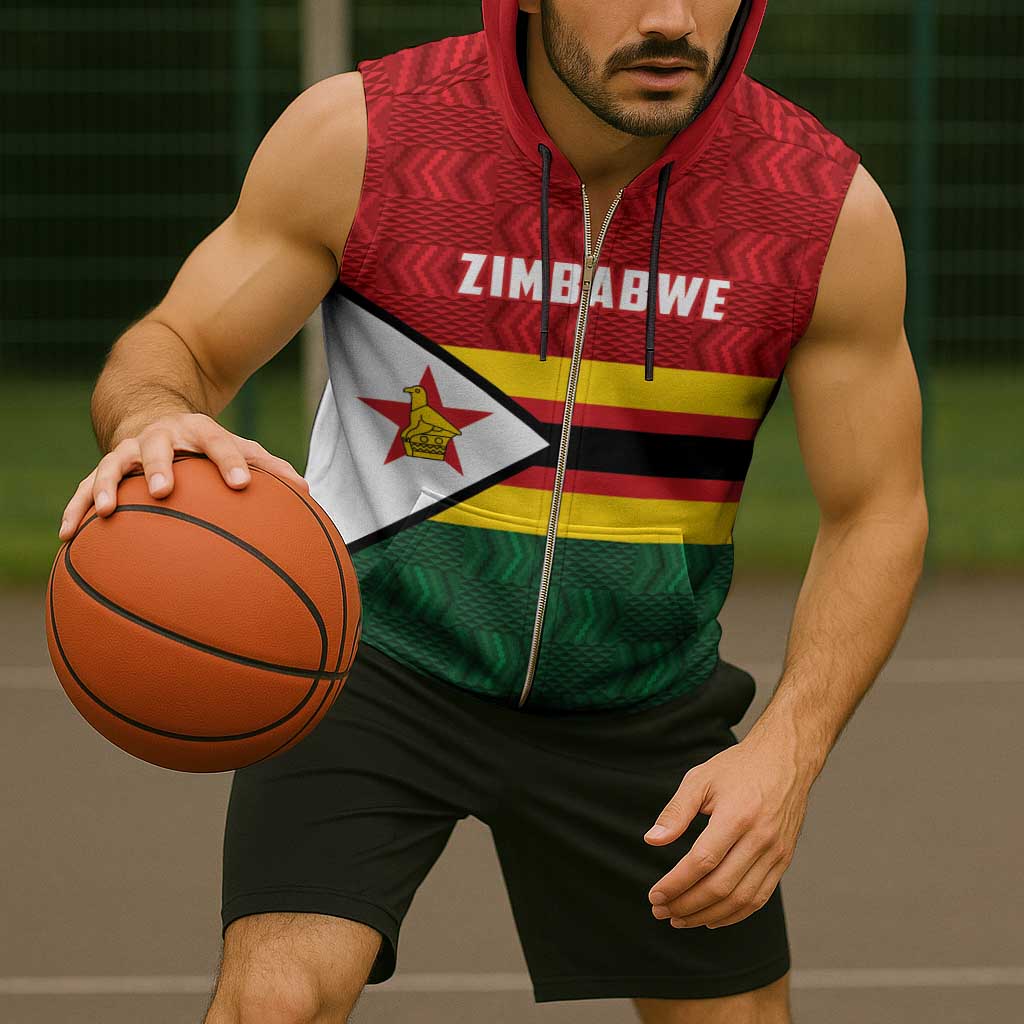 Zimbabwe Cricket Custom Sleeveless Zip Hoodie Zimbabwean Pattern Flag Motif - Wonder Print Shop