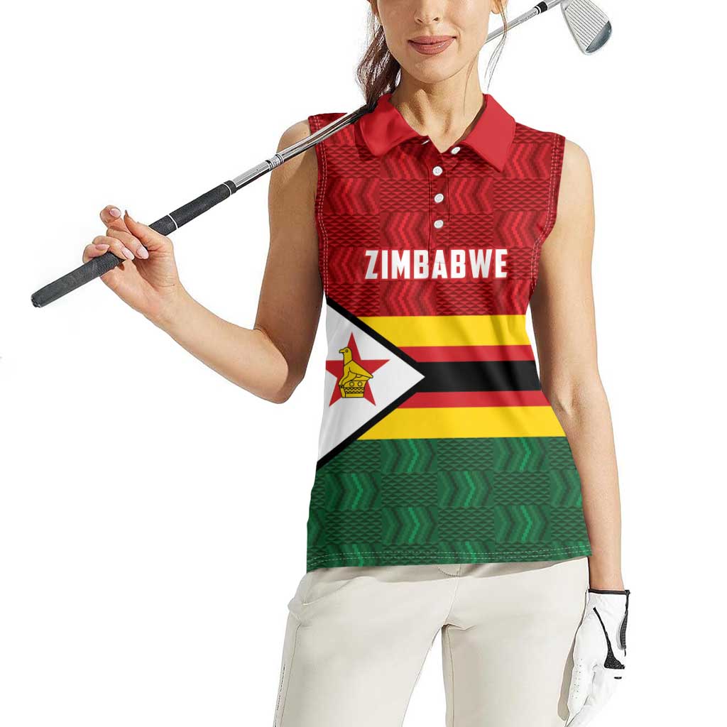 Zimbabwe Cricket Custom Women Sleeveless Polo Shirt Zimbabwean Pattern Flag Motif - Wonder Print Shop
