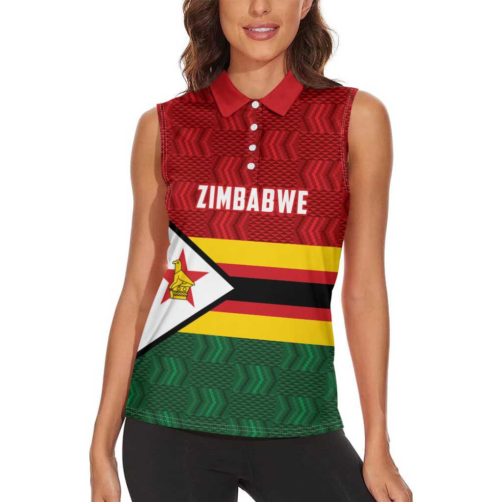 Zimbabwe Cricket Custom Women Sleeveless Polo Shirt Zimbabwean Pattern Flag Motif - Wonder Print Shop