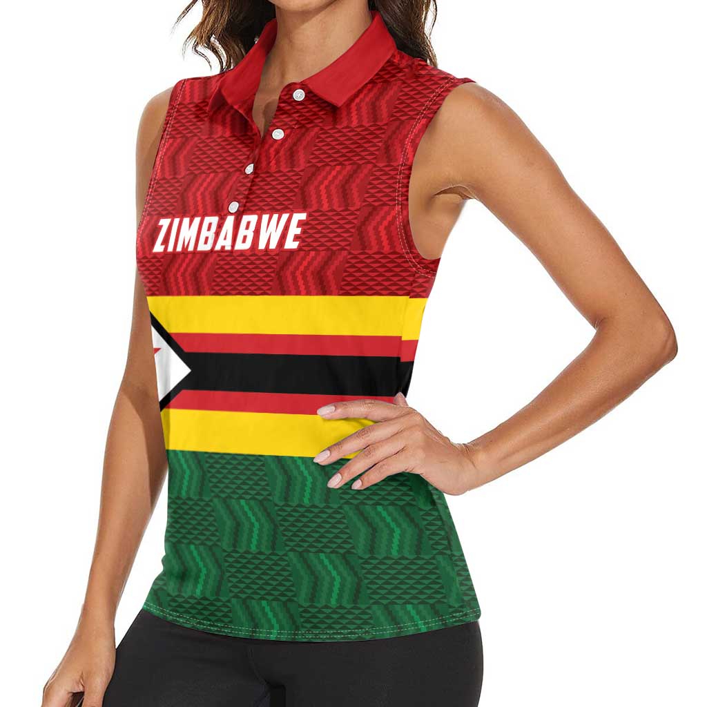 Zimbabwe Cricket Custom Women Sleeveless Polo Shirt Zimbabwean Pattern Flag Motif - Wonder Print Shop