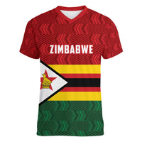 Zimbabwe Cricket Custom Women V-Neck T-Shirt Zimbabwean Pattern Flag Motif - Wonder Print Shop