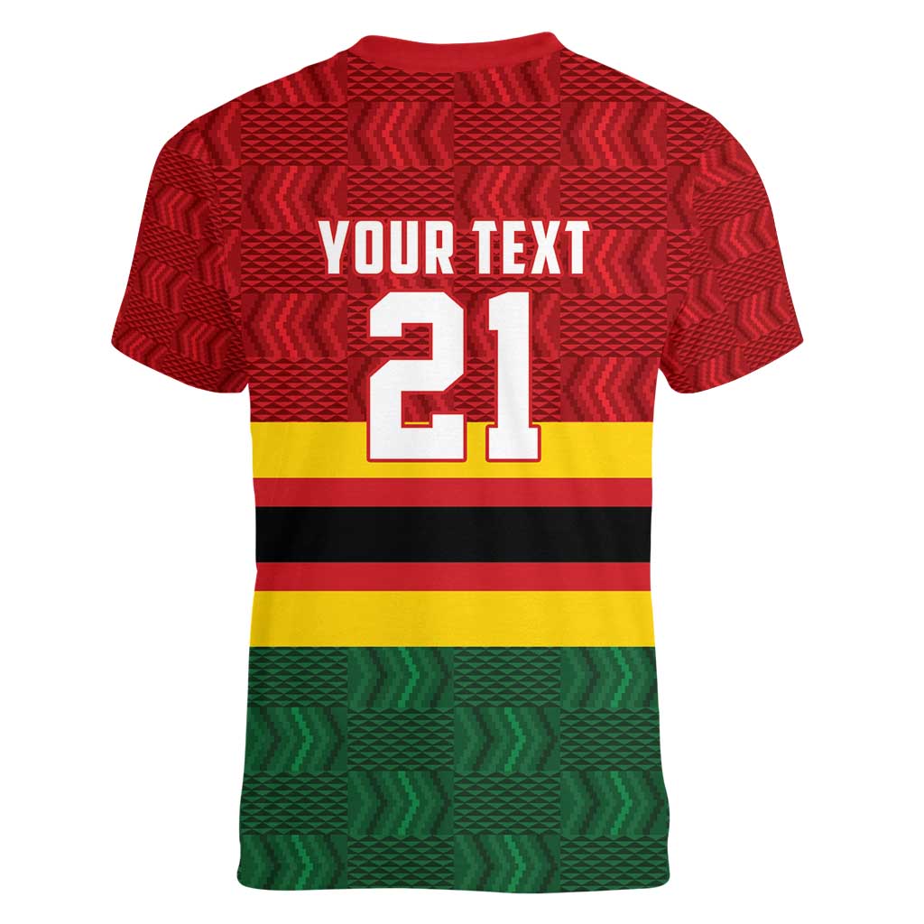 Zimbabwe Cricket Custom Women V-Neck T-Shirt Zimbabwean Pattern Flag Motif - Wonder Print Shop