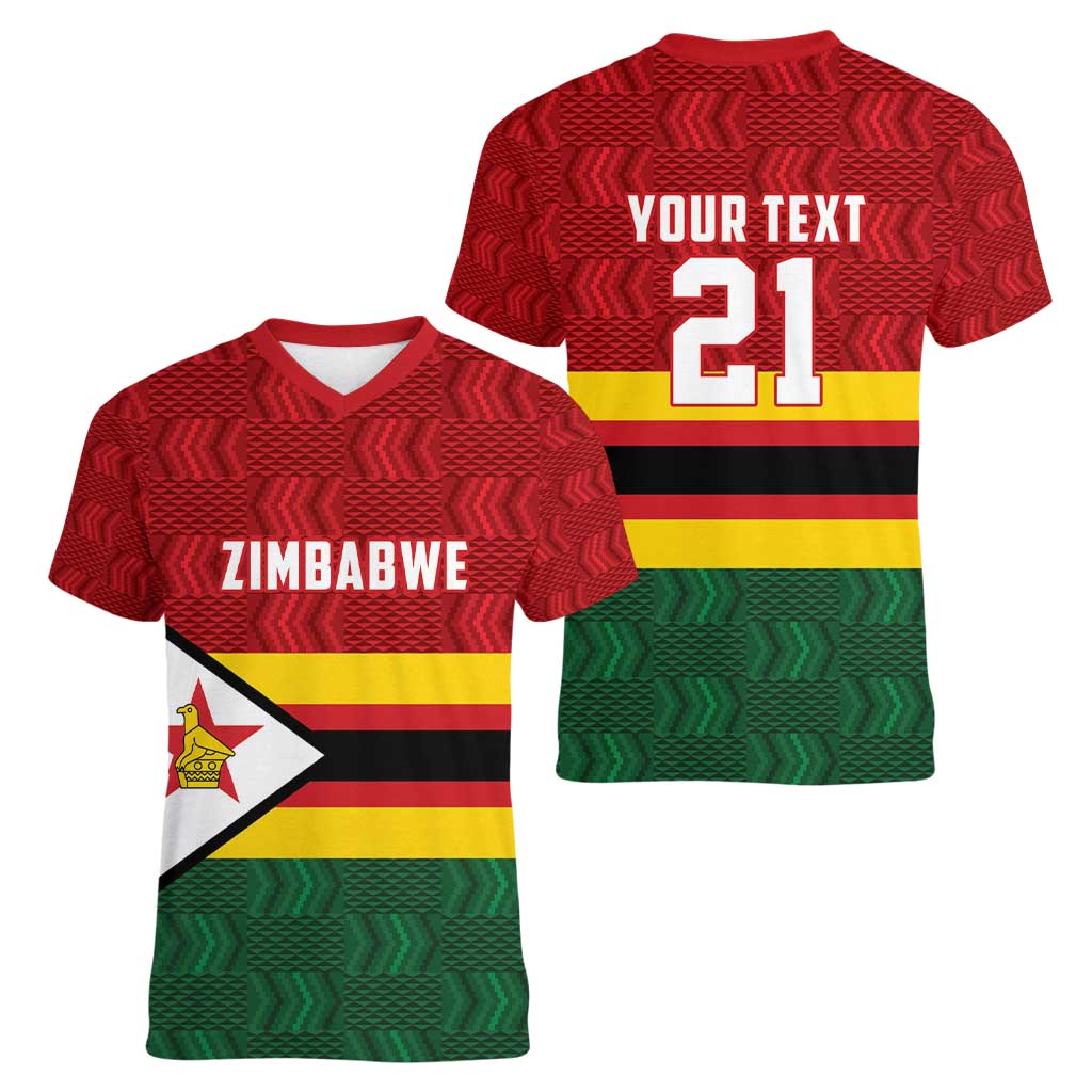 Zimbabwe Cricket Custom Women V-Neck T-Shirt Zimbabwean Pattern Flag Motif - Wonder Print Shop