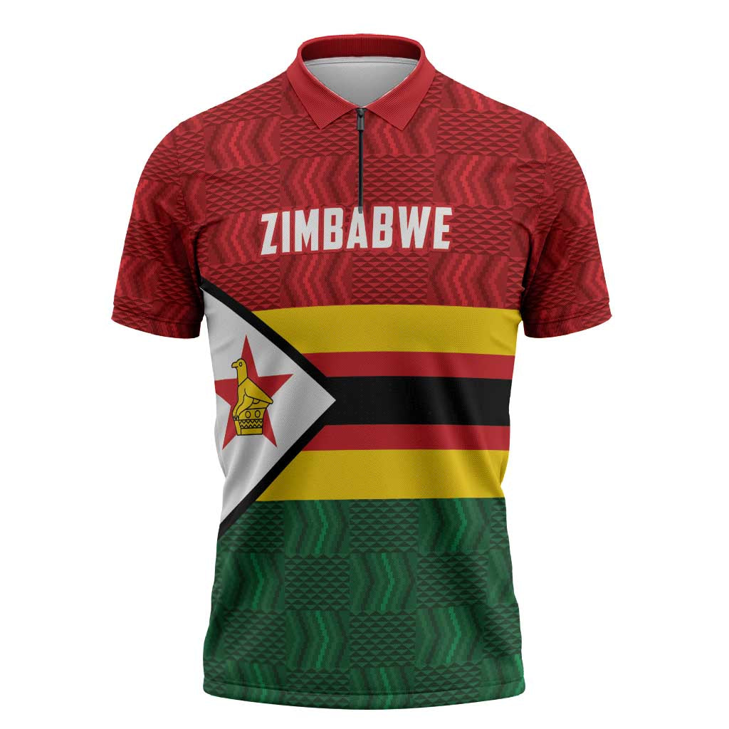 Zimbabwe Cricket Custom Zipper Polo Shirt Zimbabwean Pattern Flag Motif - Wonder Print Shop