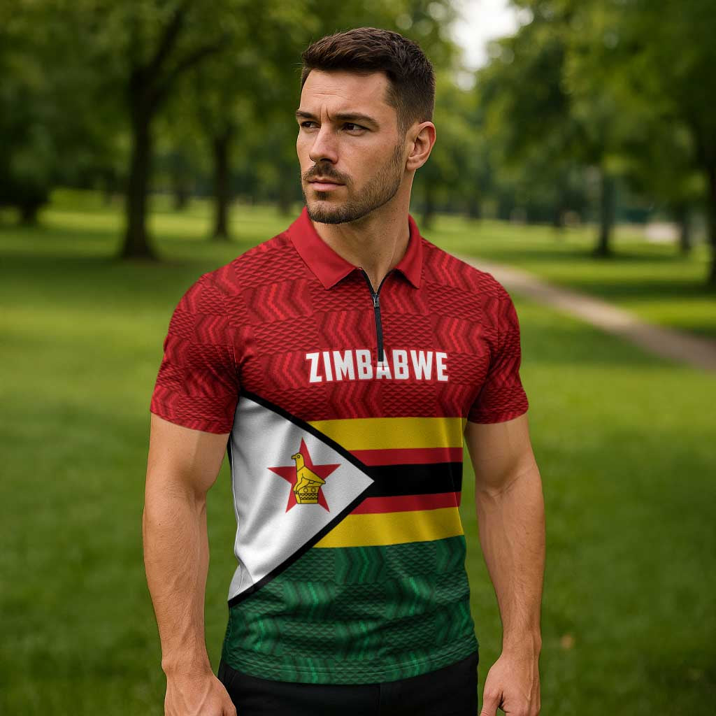 Zimbabwe Cricket Custom Zipper Polo Shirt Zimbabwean Pattern Flag Motif - Wonder Print Shop