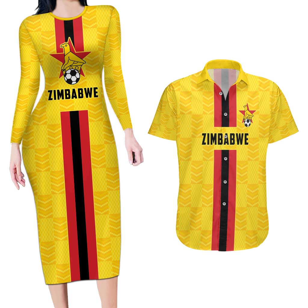 Zimbabwe Football Custom Couples Matching Long Sleeve Bodycon Dress and Hawaiian Shirt The Warriors with Zimbabwe Bird - Wonder Print Shop