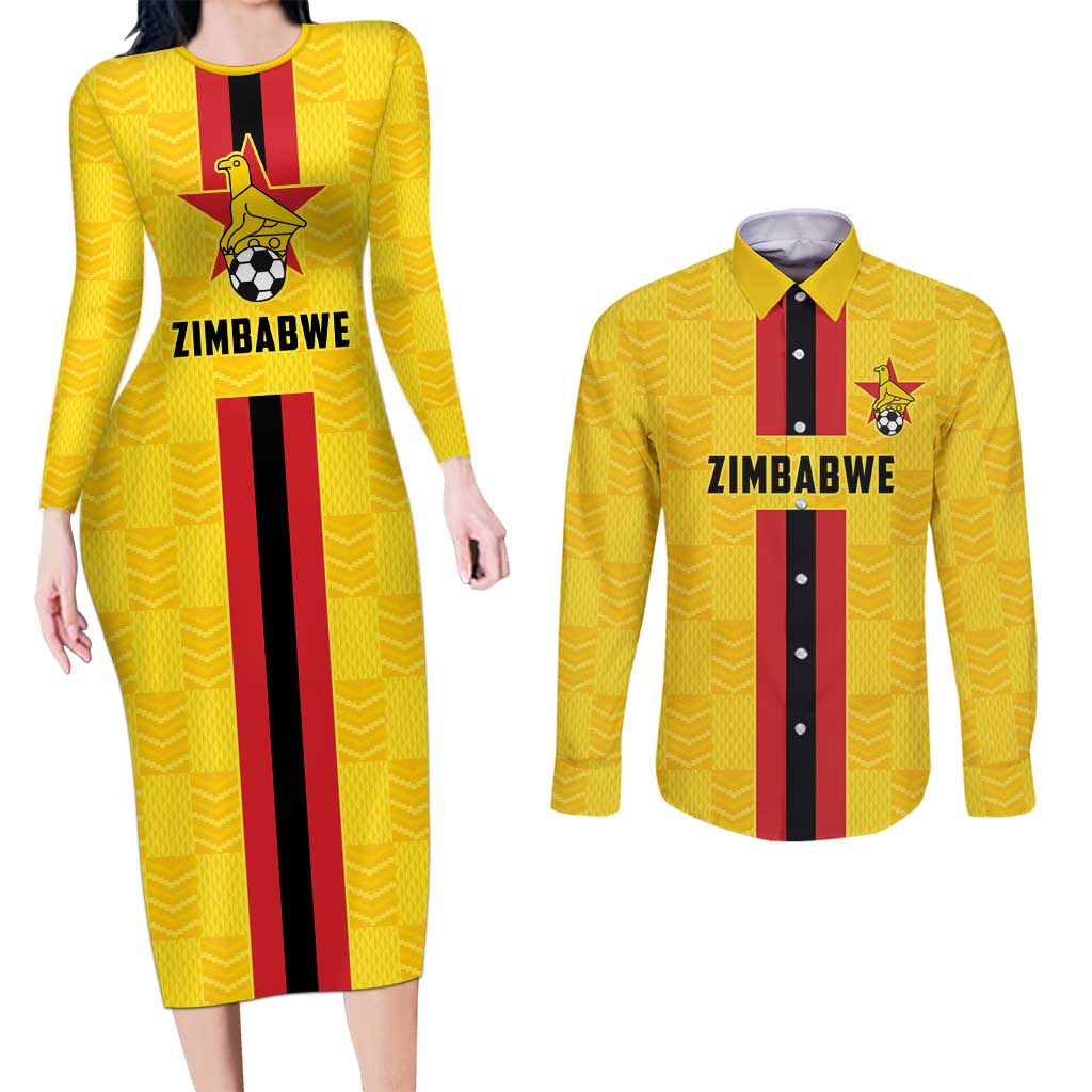 Zimbabwe Football Custom Couples Matching Long Sleeve Bodycon Dress and Long Sleeve Button Shirt The Warriors with Zimbabwe Bird - Wonder Print Shop